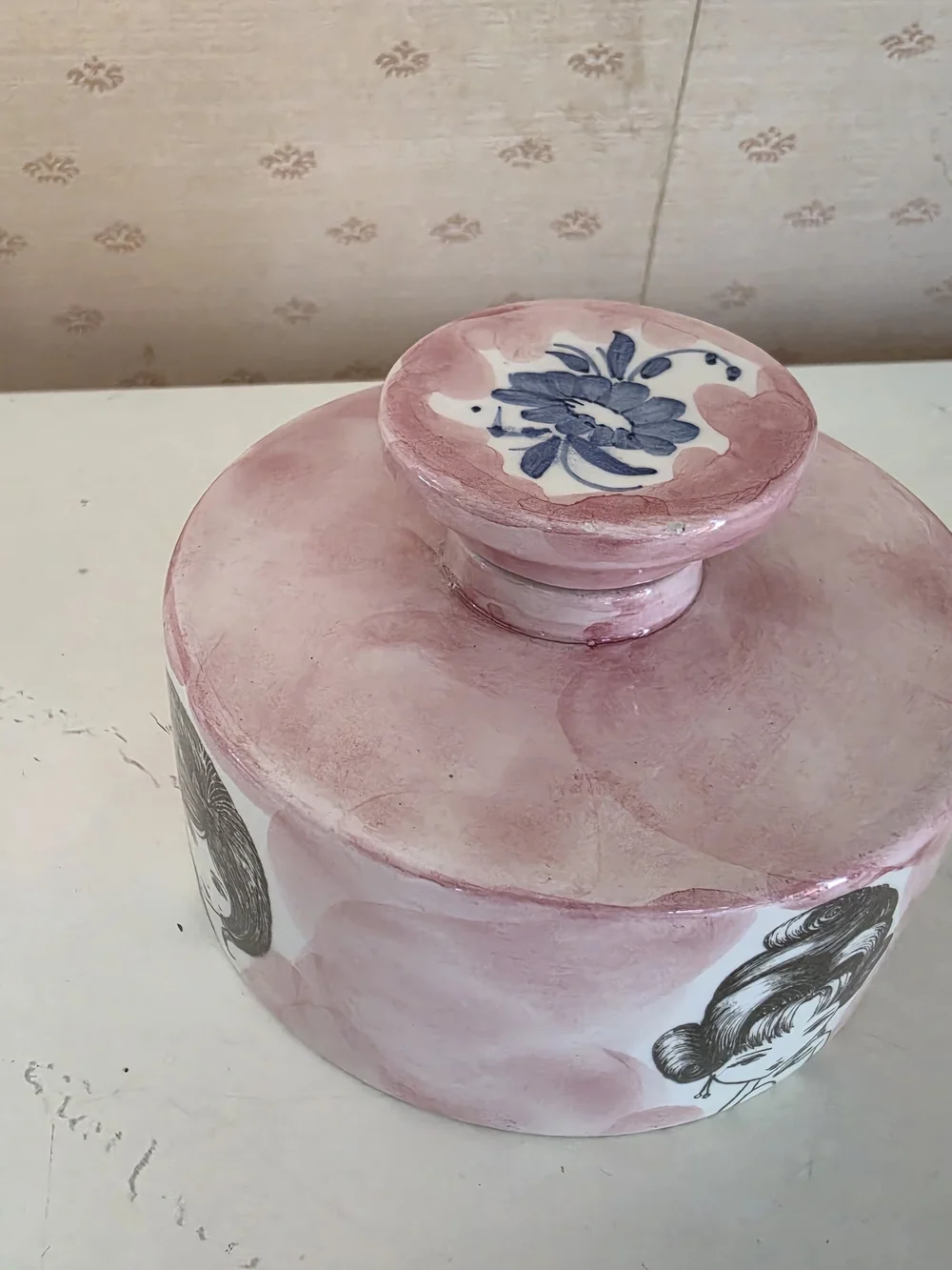 1950's-1960's Italian Pink Ceramic Decorative Jar with Illustrated Girl Accent